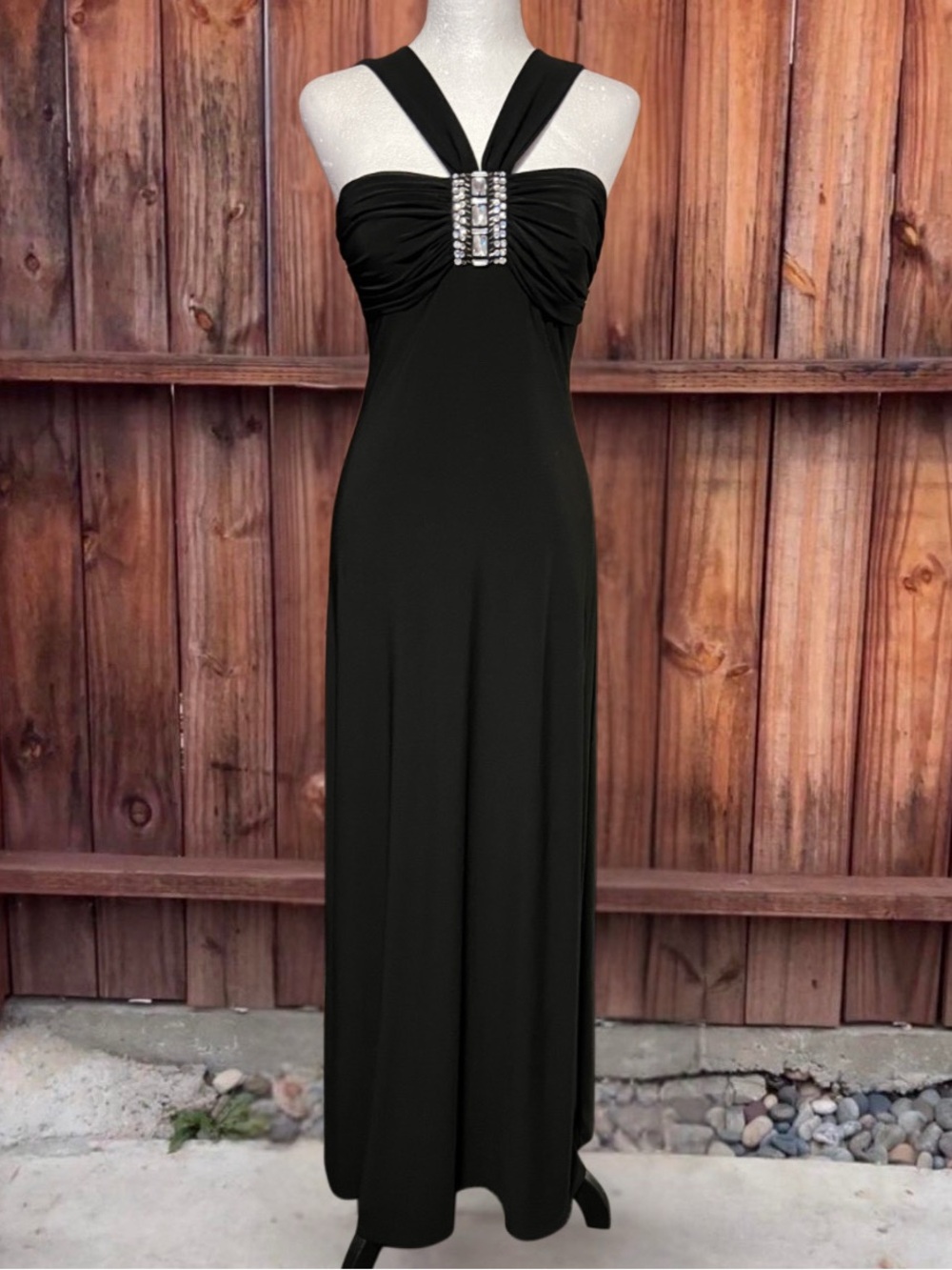 Vintage 90s Y2K B-Smart Black Maxi Halter Gown with Rhinestone detailing